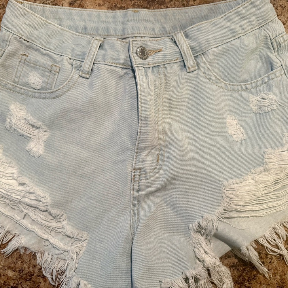 SHEIN Light Blue Distressed High-Rise Denim Shorts